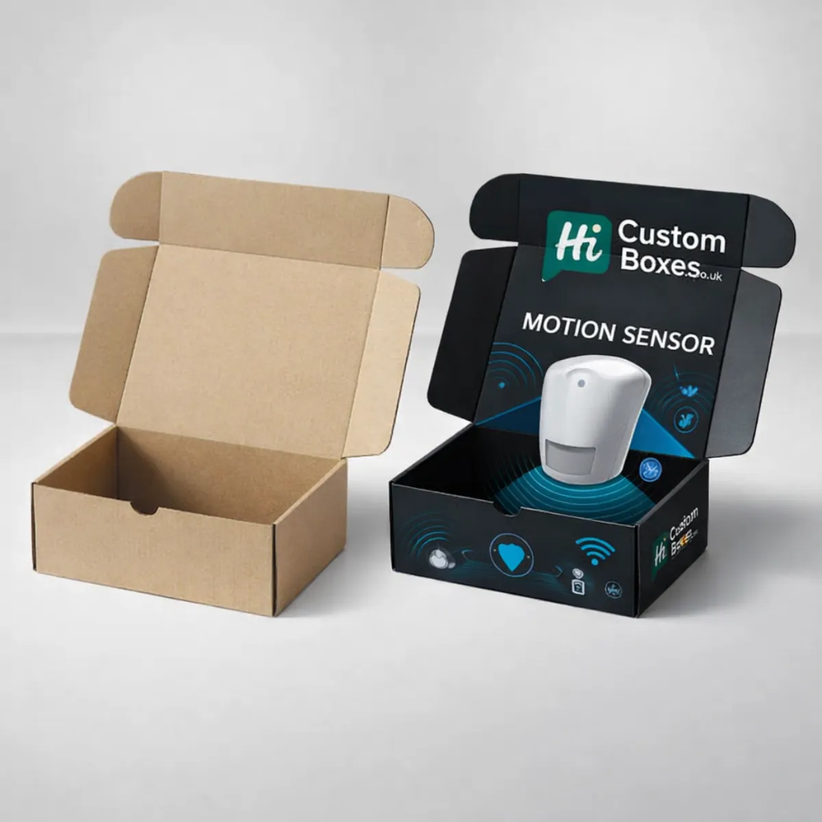 Open 3D mockup of a plain kraft mailer beside a branded motion sensor shipping box. class=